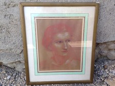 Ancien dessin signé Monique Gauthier-Mongin portrait de femme encadré
