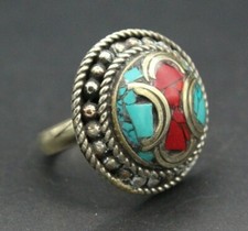 Tibetan Nepalese Ring, Round Adornment Ring, Turquoise Coral Ring - Size 6US,