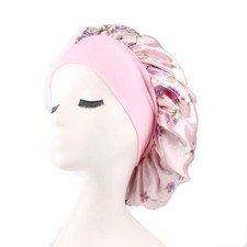 Flower Women Night Sleep Hair Head Cover Satin Bonnet Cap Wide Band Elastic Hat