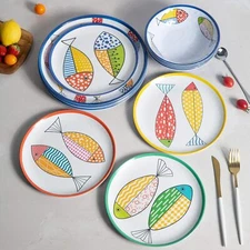 4-Person Dinnerware Set, Plate and Bowl Set with Ocean Print, Unbreakable