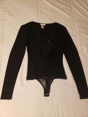 Womens Cache Black Sparkly Long Sleeve Bodysuit Cowl Neck Sexy Blingy Sz Small
