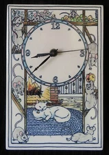 SANTA BARBARA CERAMIC Design Tile Wall Clock Cat in front of fire Mice Border