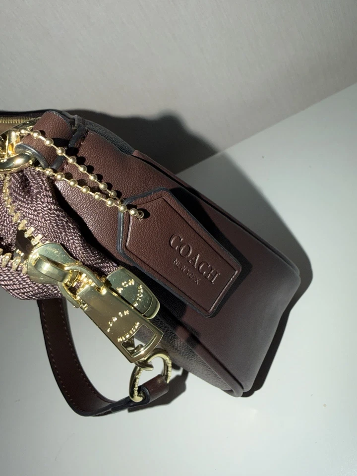 Coach sac bandoulière cuir/toile marron logo, sangle amovible, zip, dust bag - Photo 4/4