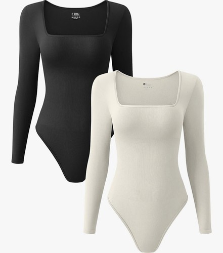 OQQ Women's 2 Piece Bodysuits Sexy Ribbed One Piece Square Neck Long Sleeve Body