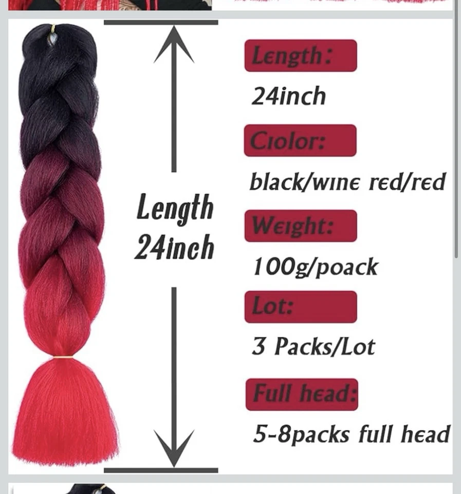 Ombre красный/черный волосы для плетения - Изображение 2 из 2