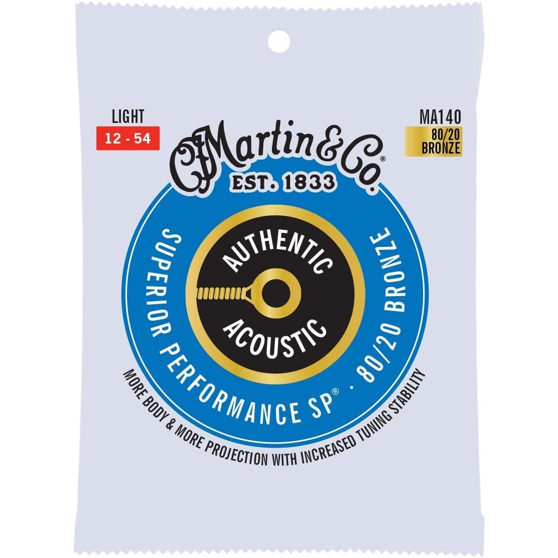 Martin MA140 Authentic SP Light 80/20 Bronze Acoustic Guitar Strings, 12-54