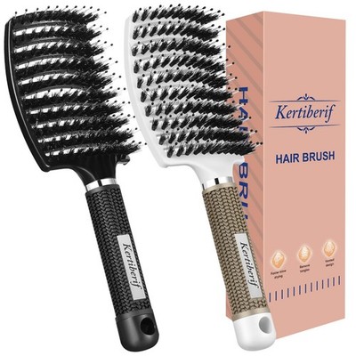 Boar Bristle Hair Brush 2PCS, Curved Vented Detangling Brush for Wet and Dry ...