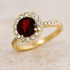 Garnet  Diamond Solitaire Solid 14K Gold January Birthstone Ring 1010