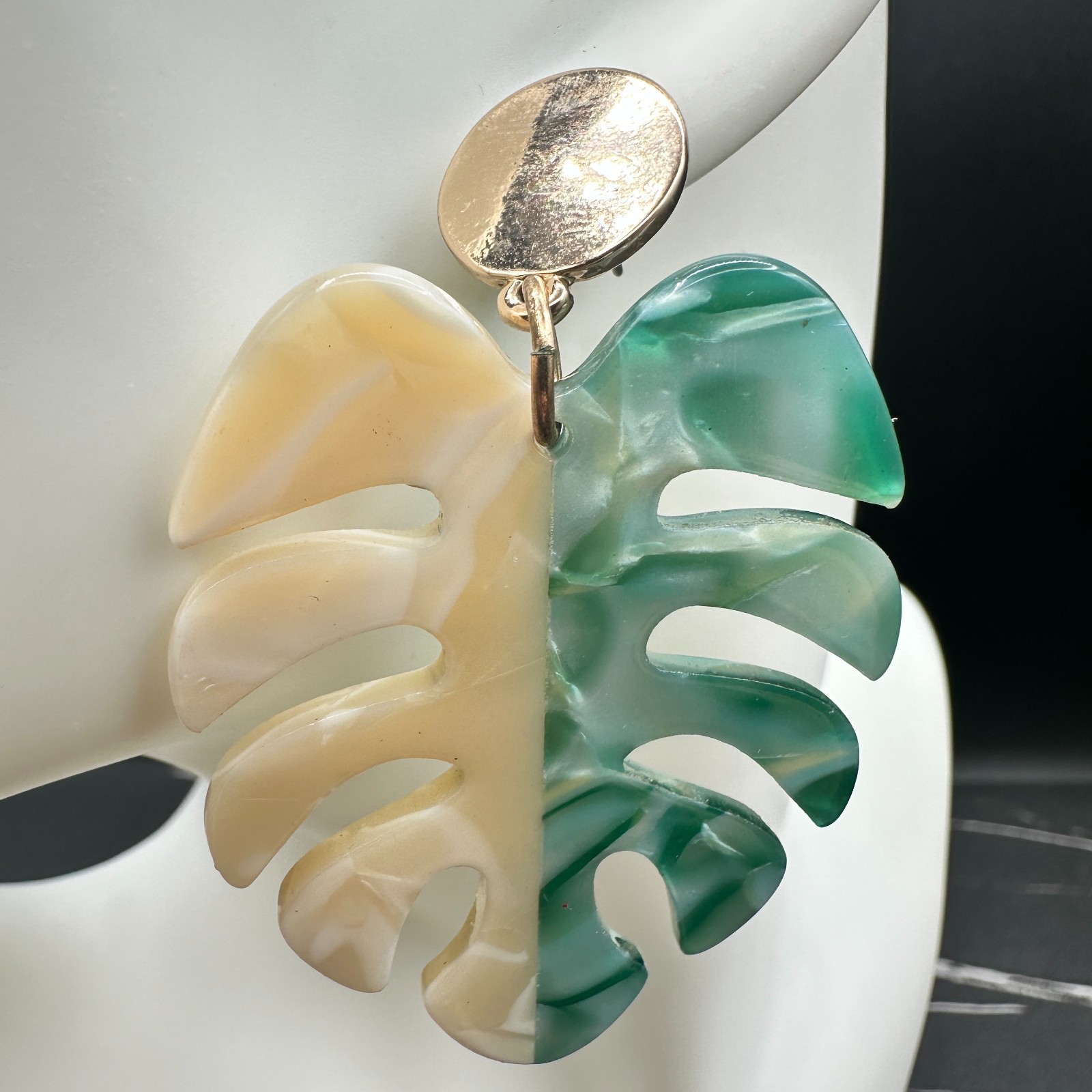 Acrylic Monstera Leaf Statement Earrings Green Cr… - image 7