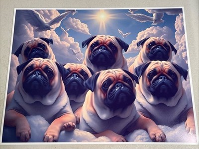 Pug Dogs In Heaven Painting Style Art Gloss Print Pet Lover Grumble Pugs Love