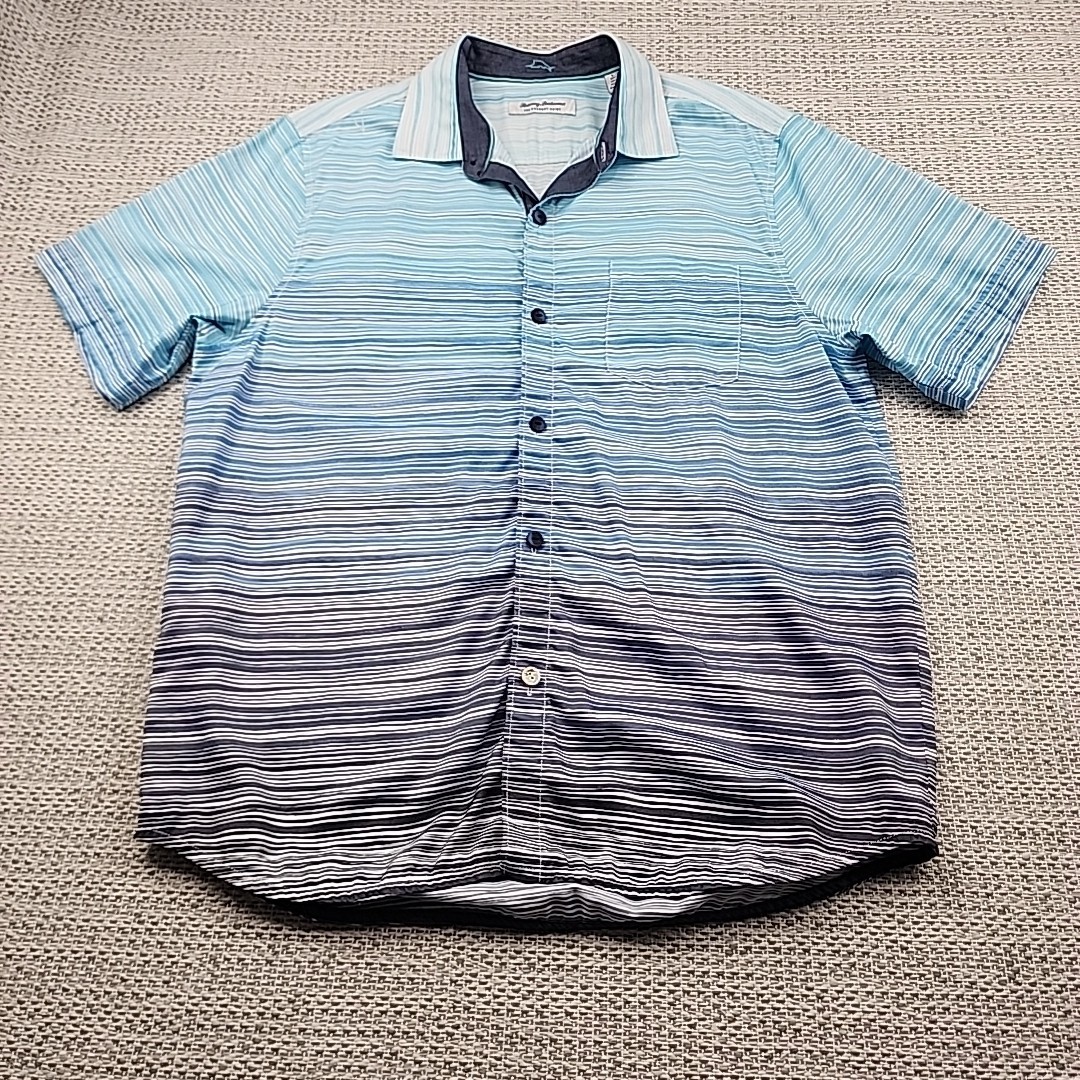 Tommy Bahama Shirt Men Large The Coconut Point Island Zone Gray Blue Stripe  Camp