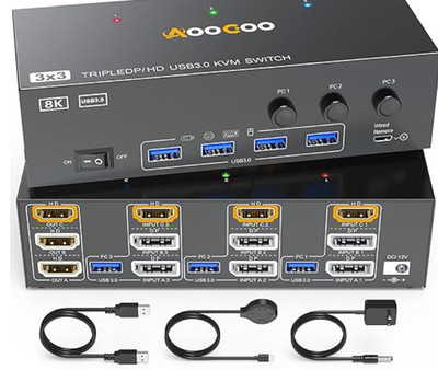 8K HDMI DP KVM Switch 3 Monitors 3 Computers, 8K@60Hz/4K@144Hz KVM Switch for 3