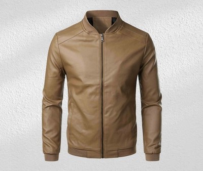Vintage Style Genuine Beige Leather Lambskin Bomber Jacket for Men