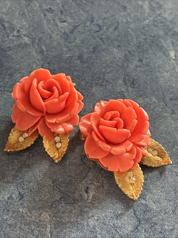 Vintage BSK  Stamped Faux Coral Clipped Earrings