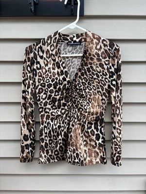 Boston Proper Leopard Print Zipper Ruched V-Neck Long Sleeve Blouse Top