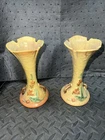 Pair Roseville Pottery Bittersweet Vases 879-7” Yellow Gold with Red Flowers