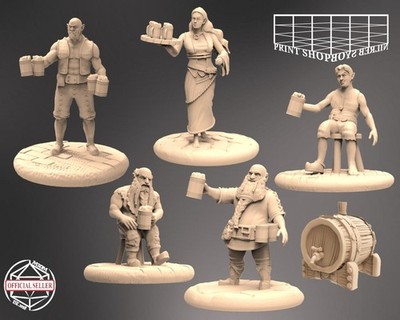 Tavern Host and Guests Miniature Set NPC Townsfolk Figure for TTRPG's like D&D 5e