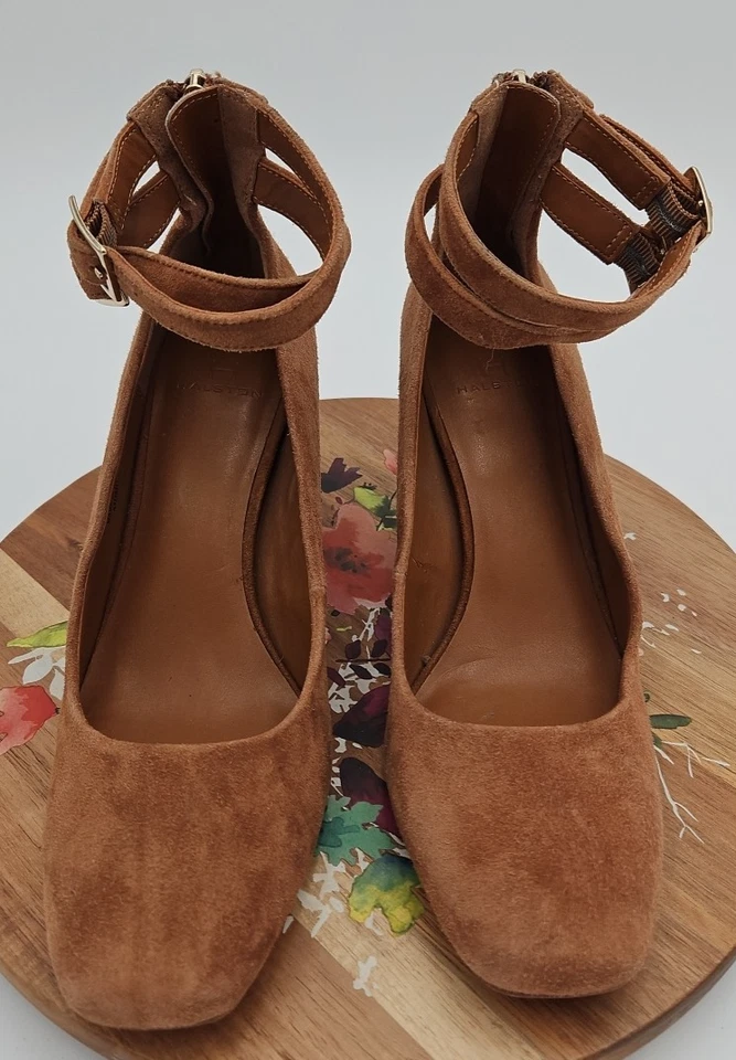 H by Halston REGINA Marrón Gamuza Tacón Bloque Talla 7M Doble Correa para el Tobillo Y2K *USADO EN EXCELENTE ESTADO* Foto 3 de 4