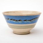 Antique Mocha Ware Bowl Earthworm Pattern Blue Slip Bands 19th Century