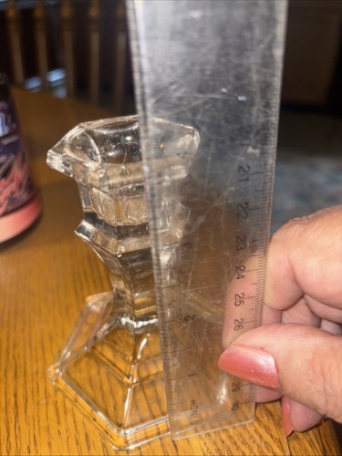 Glass Candlestick w/ Beveled Details 4" High Heavy Base - Picture 2 of 6