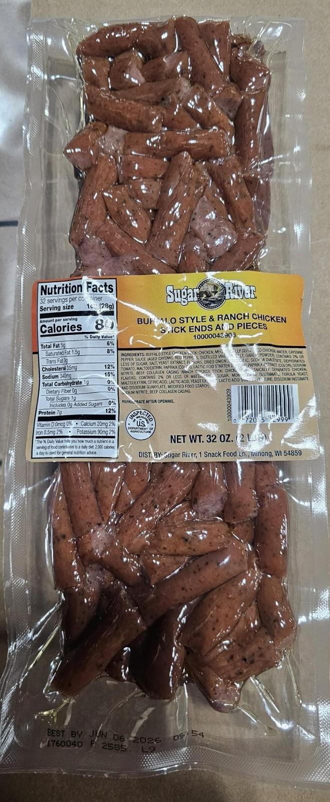 3 X 2LB SUGAR RIVER BUFFALO RANCH CHICKEN Meat Snack Sticks Sealed bag 6/01/26