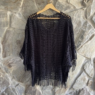 Boston Proper Effortless Crochet Pullover Poncho Black S/M Boho Fringe NWT