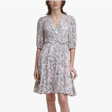 Calvin Klein Women’s Wrap Dress Sz 4 Pink Floral V-Neck Tie Waist Rayon Cottage