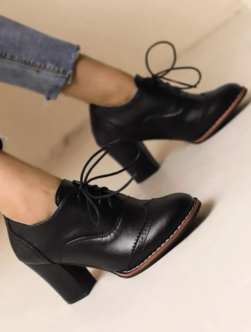 Ladies Black High Block Heels Lace Up Oxford Brogues Shoes Size