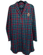 Ralph Lauren Plaid Flannel Nightgown Womens Large Pockets Shawl Collar Crown