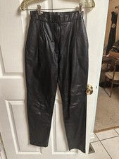 VNT Oleg Cassini Leather Pants Small Black High Waist Pleated Double Knee 24x32