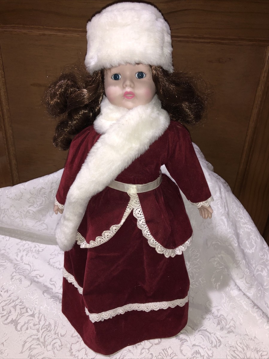 Vntg Porcelain Doll Long Red Velvet Coat Fur Hat Christmas