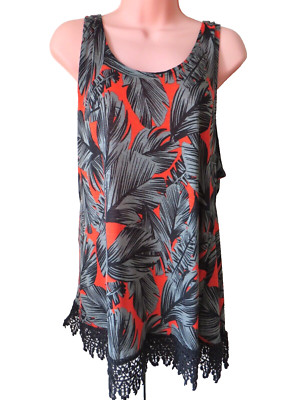 Matalan Women's Top Sleeveless Viscose Size 18 Black Lace Trim Colourful