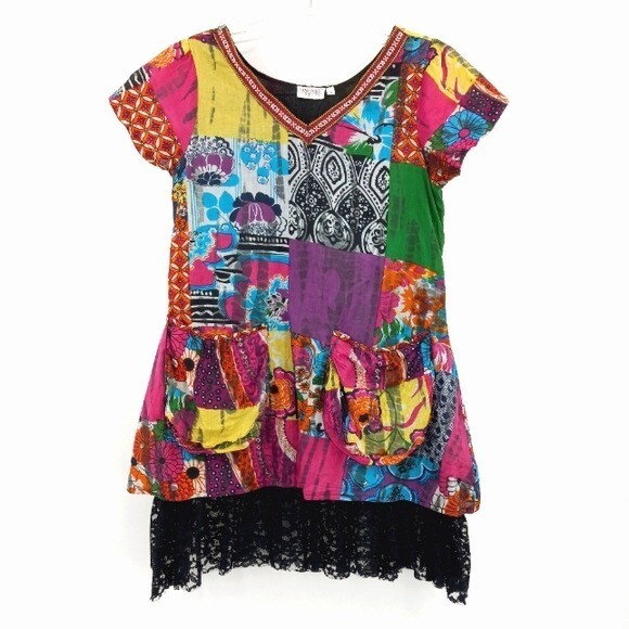 FUNKY PEOPLE Boho Multicolor Patchwork Print Lace… - image 1
