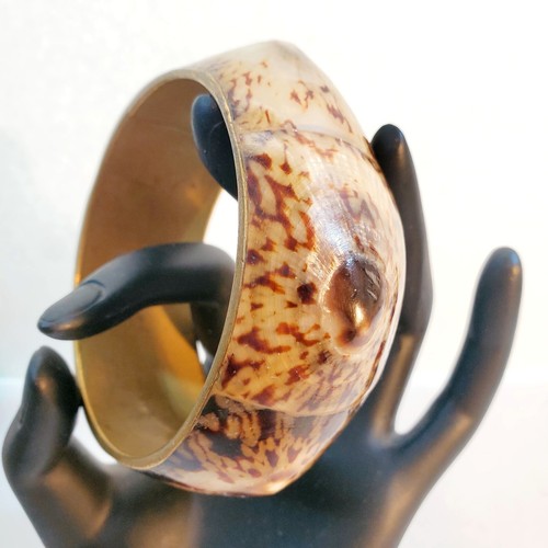 Vintage Muschel & Metall Armreif Armband breit klobig braun creme gepunktet Muster - Bild 5 von 10