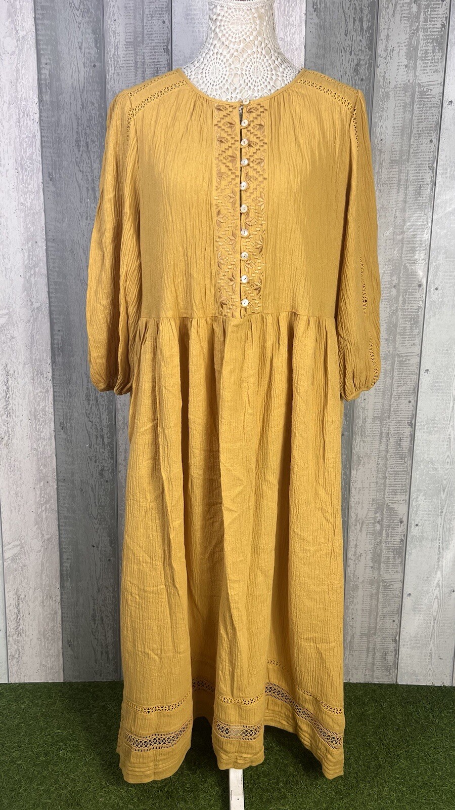 Wrap London Women’s Mustard Broderie Anglaise Boho Midi Dress Size UK