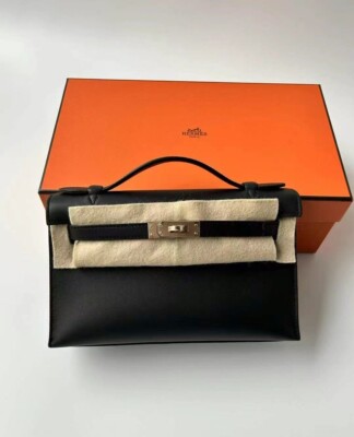 Hermes Mini Kelly Pochette Black Noir Swift Leather Permabrass