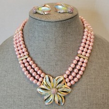 Vntg Faux Pink Pearl Necklace 3 Strands Enamel  Rhinestone Flower W/ Earrings