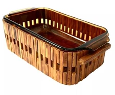 Anchor Hocking Fire King AMBER 1QT LOAF/ BAKING DISH & Bamboo Carrier /HOLDER