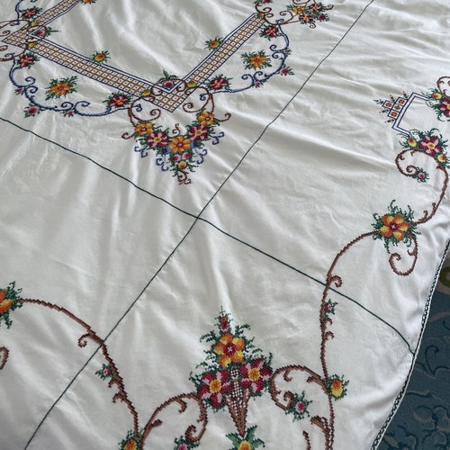 Vintage Tablecloth & Napkins Italy Hand made Cross Stitch Floral Multicolored - Picture 6 of 24
