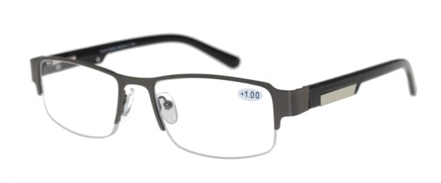 Mens Reading Glasses Metal Half Frame Optical Spring Loaded Gun Blue+1.0~+3.5 NE10050