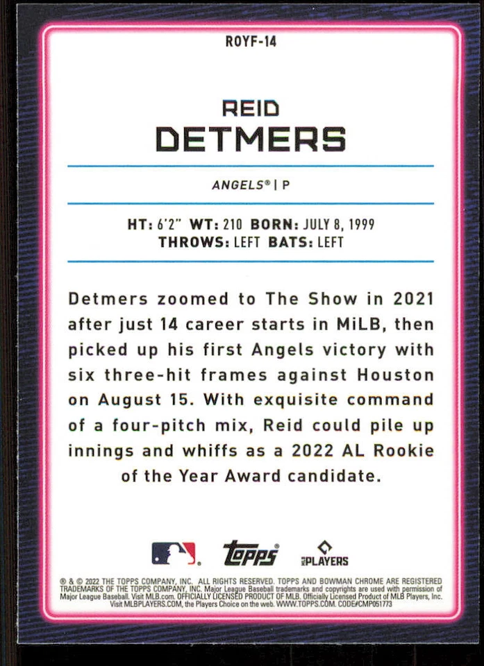 2022 Bowman Chrome Rookie of the Year Favorites #ROYF14 Reid Detmers - Image 2 of 2