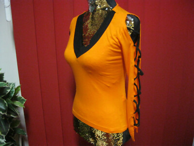 PEP.Damen Sommer Bluse/Shirt mit geschnürte Ärmel.Orange/Schwarz.Gr.36/S.Viscosa