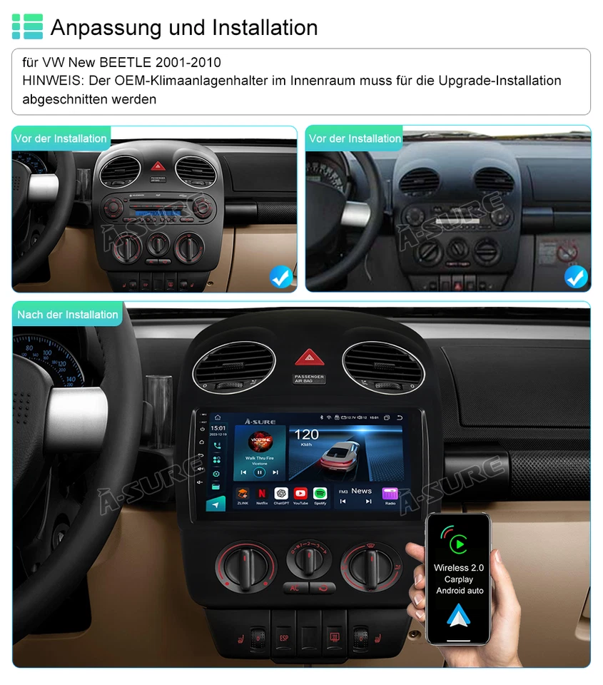 4+64G CarPlay Android 14 Autoradio WiFi RDS GPS Navi Für VW NEW Beetle 2001-2010 - Bild 3 von 4