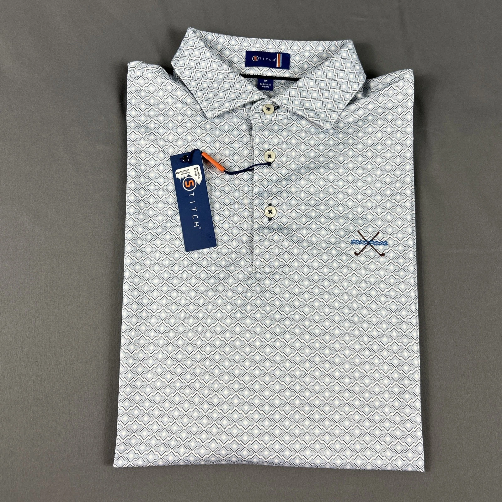 Stitch Golf Shirt Polo Chest Logo Bloomin Torino Ridges Print Medium Blue $118