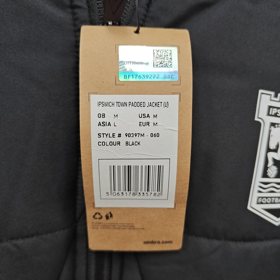 UMBRO IPSWICH TOWN HOODED BLACK PADDED JACKET SIZE M 90397M - Image 4 of 4