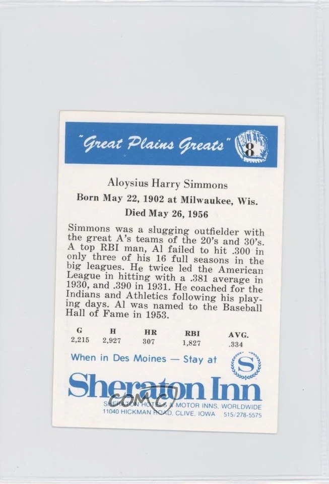 1975 Sheraton Great Plains Greats Al Simmons #8 HOF - Image 2 of 2