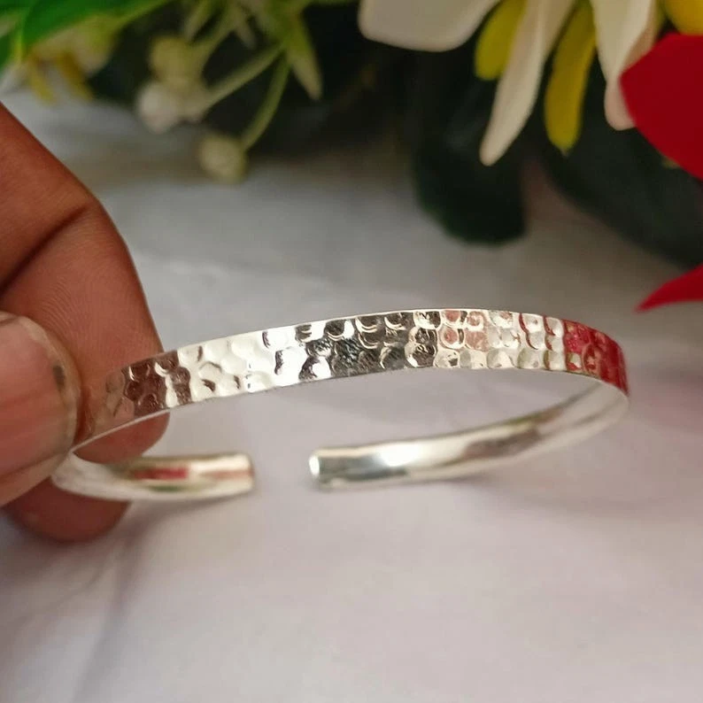 Textured Hammered 925 Silver Cuff Bangle Men  And d Women Cuff Bracelet All Size - Image 2 of 4