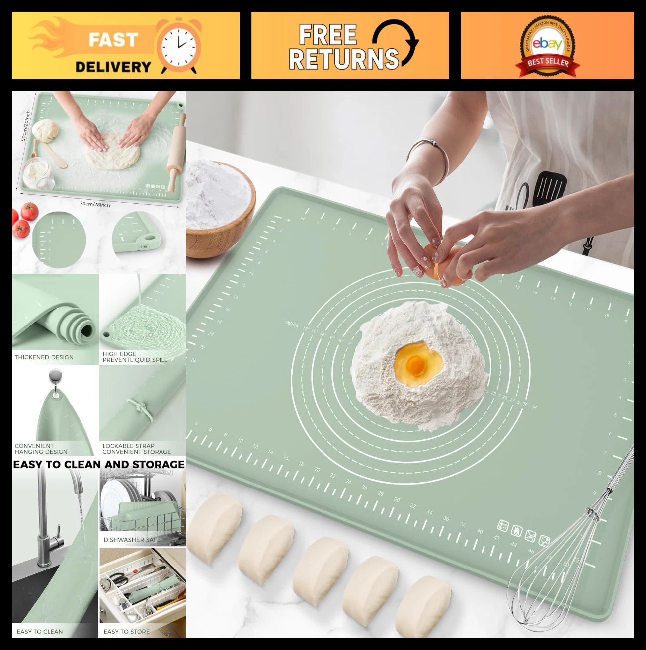 Extra Thick Silicone Baking Mat 28"x20" with Measurements, Non-Stick Dough Rolle
Opens in a new wind