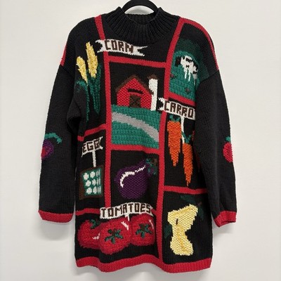 Vintage Farm Sweater Barn Knit Apple Farmer Chicken Eggs Cow Karen Scott Large
