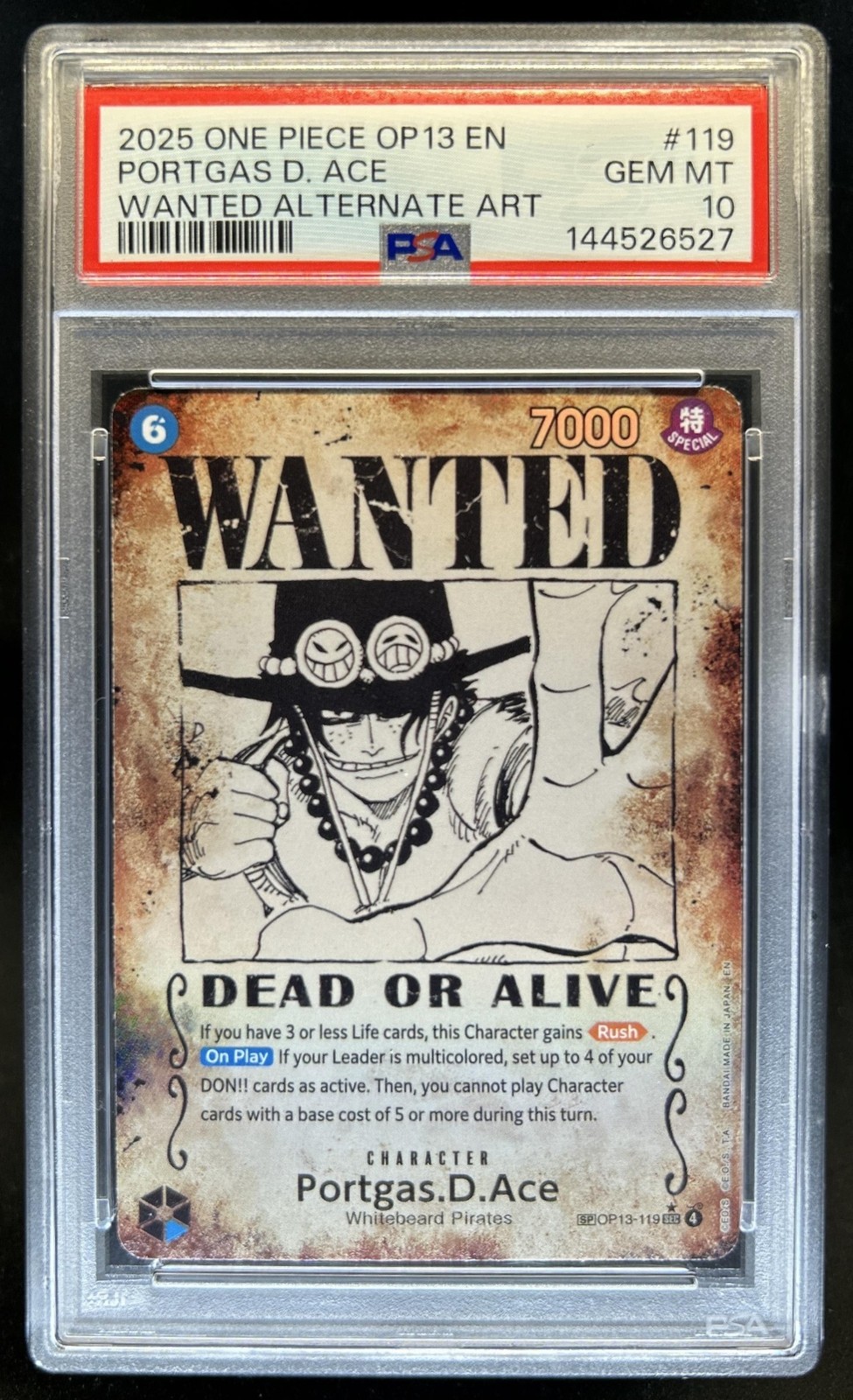 2025 One Piece OP13 EN Portgas D. Ace Wanted Alternate Art #119 PSA 10 Gem Mint